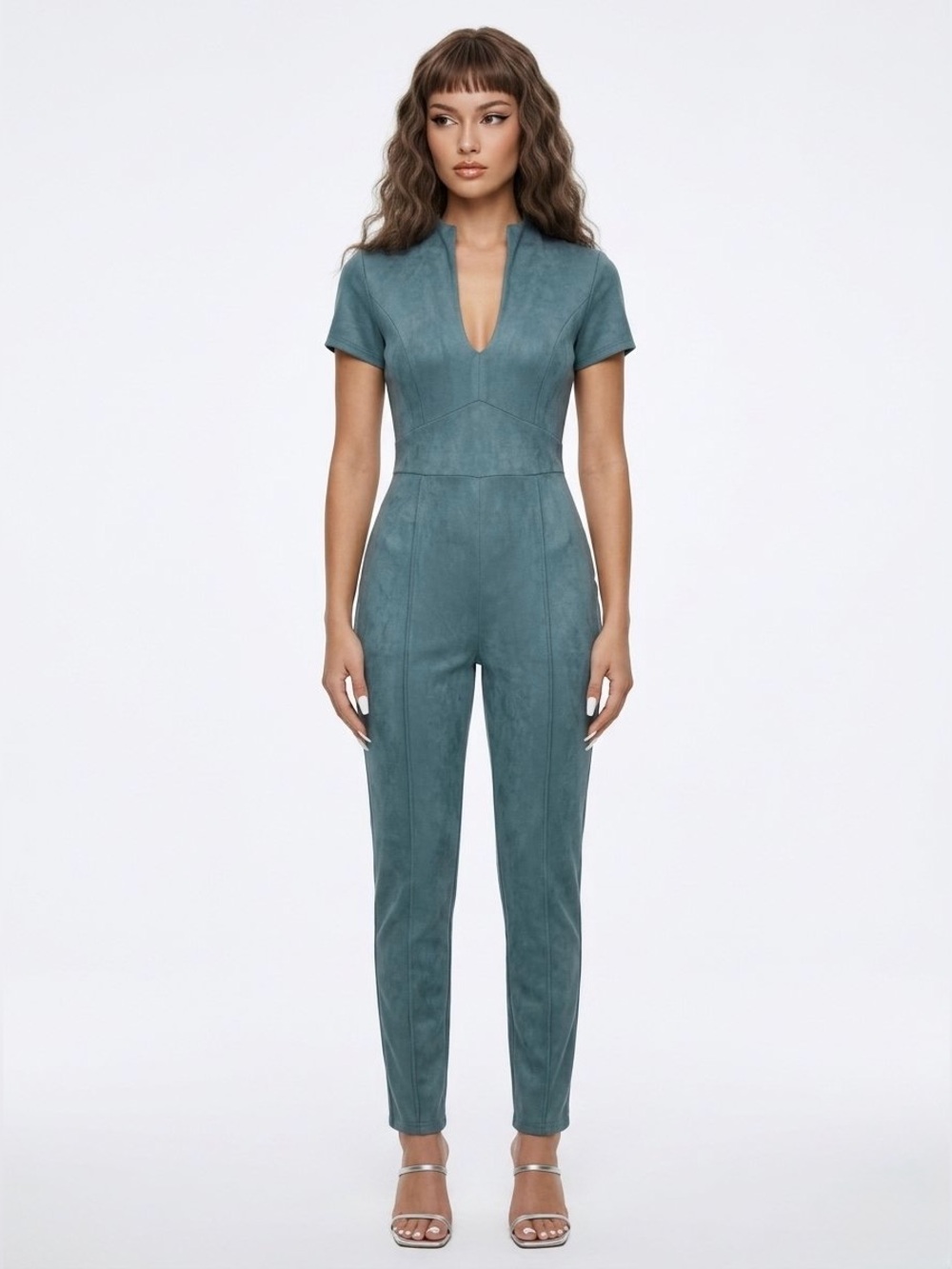 New🔥Sculpted Suede-Look Teal Jumpsuit